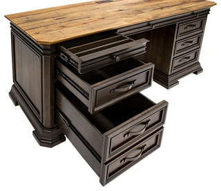 Executive Credenza, Desk With Solid Wood Plank Top, Fully Assembled, Brown