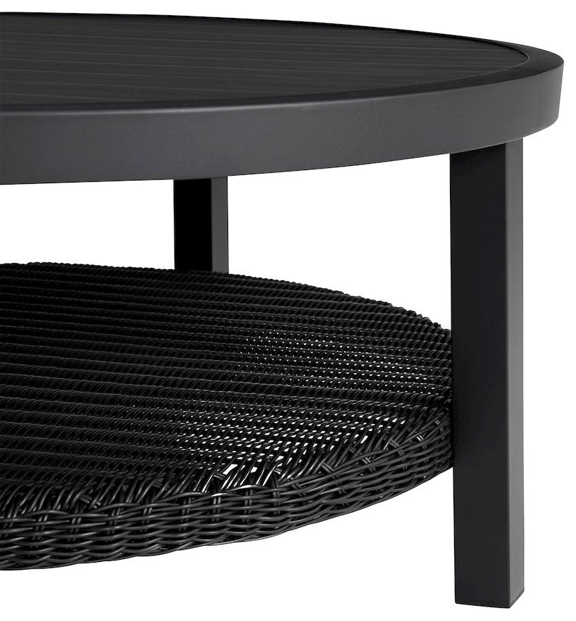 Cayman Black Aluminum Outdoor Round Conversation Table with Wicker Shelf