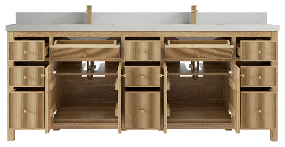 Sonoma 84 Double Sink Bath Vanity in Light Natural Teak with 2" Carrara Quartz