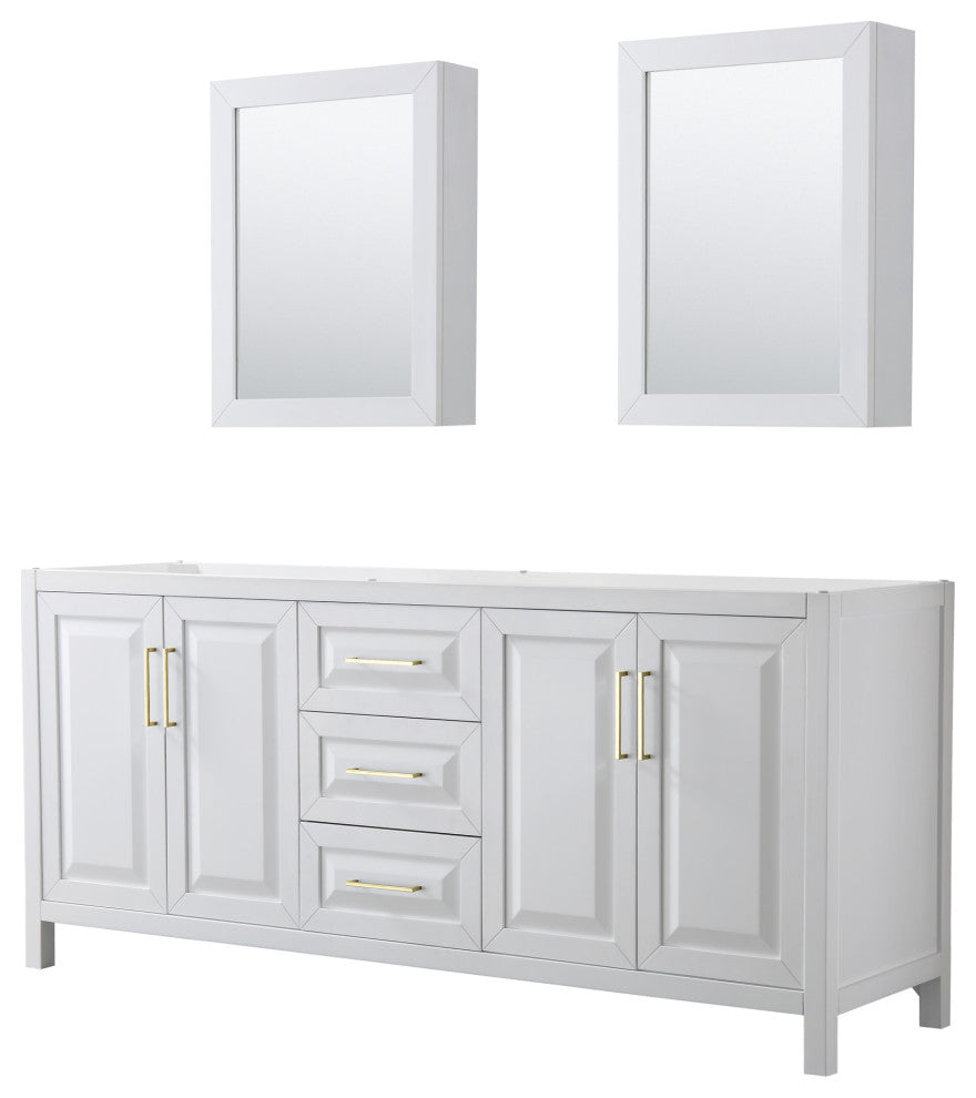 80" Double Bathroom Vanity, White, Medicine Cabinets, Gold Trim