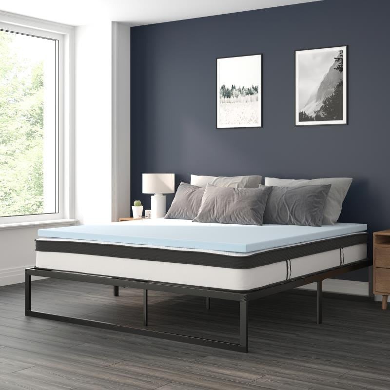 14" Metal Platform Bed Frame, 10" Pocket Spring Mattress & Memory Foam Topper, Black, Queen