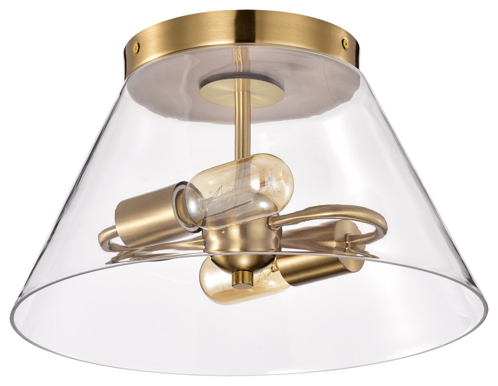 Dover 2-Light Small Flush Mount Fixture, Vintage Brass With Clear Glass