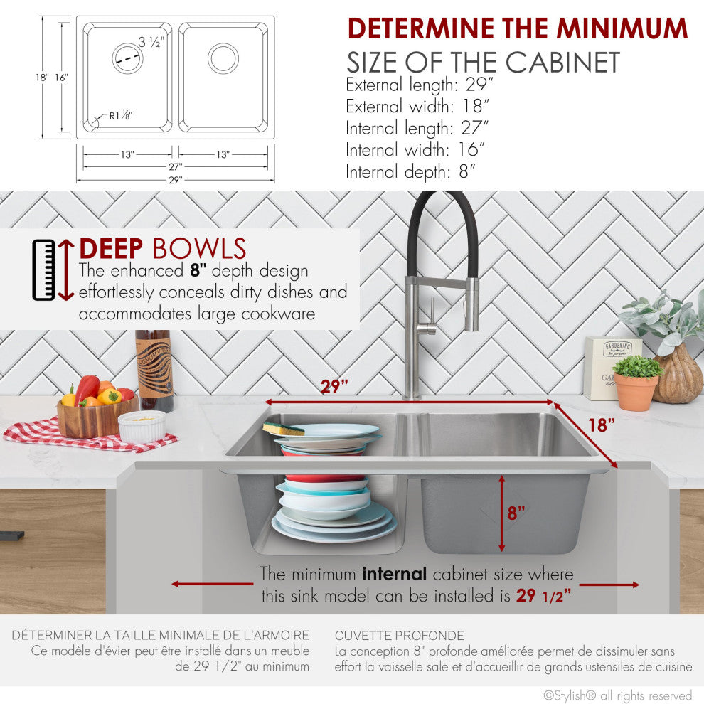 STYLISH 29" Double Bowl Undermount and Drop-in Stainless Steel Kitchen Sink