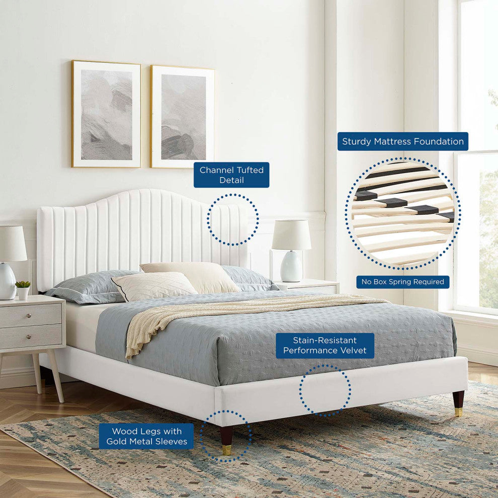 Tufted Platform Bed Frame, Full Size, Velvet, White, Modern Contemporary