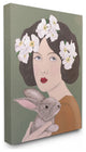 Woman And Rabbit White Flower Animal Painting, 30"x40"