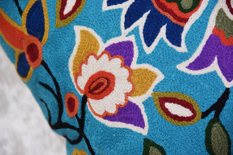Turquoise Floral Pillow Cover Hand Embroidered Modern Design Wool 18x18