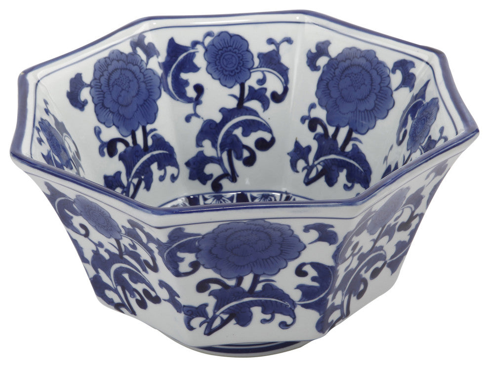 Benzara BM285587 11" Bowl With Floral Pattern on Blue and White Porcelain