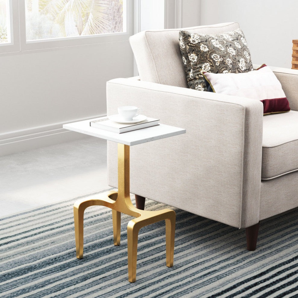 Sofa Side Table, Rectangular, Artificial Marble, Aluminum Metal, White, Gold