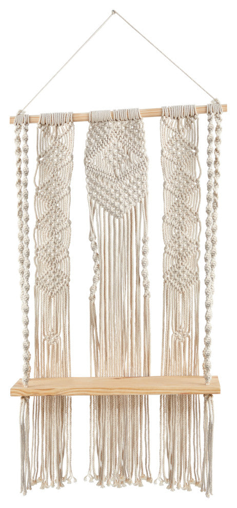 2.5' x 1.5' Layered Macrame Wall Hanging With Wooden Shelf