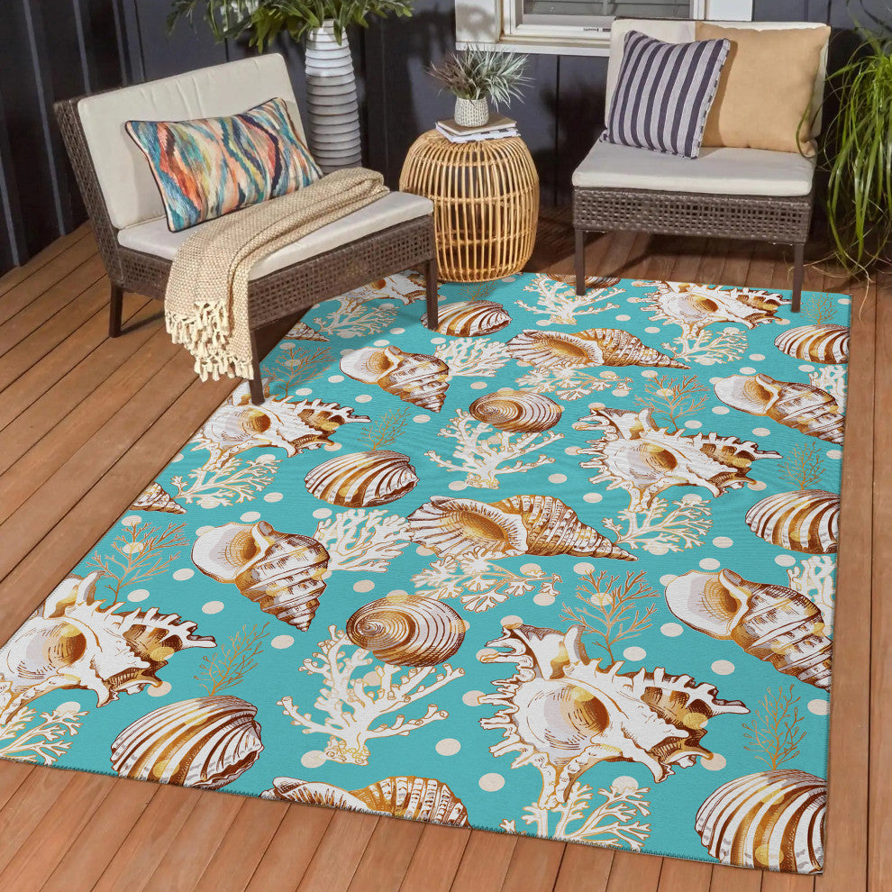 Indoor/Outdoor Seabreeze SZ6 Teal Machine Washable 5' x 7'6" Rug