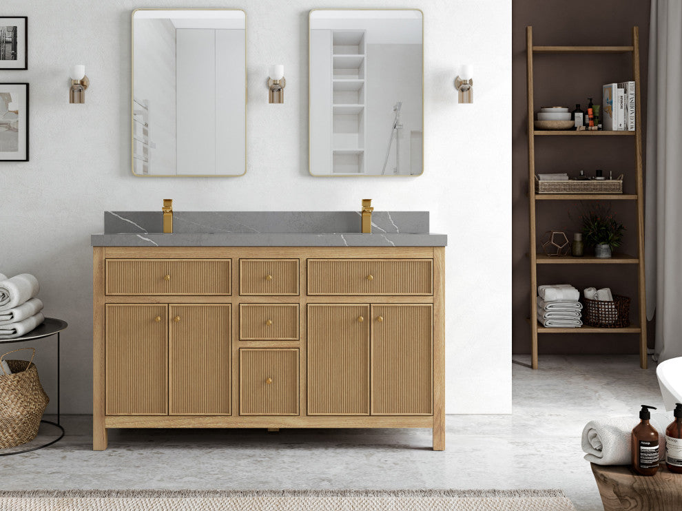 Sonoma Teak 60 Double Bath Vanity in Light  Natural with 2" Piatra Gray Quartz