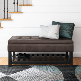 Cosmopolitan Storage Ottoman Bench With Open Bottom, Distressed Brown Faux Leather