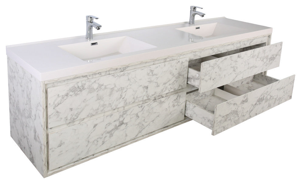 MOM 84 Wall Mounted Vanity With 4 Drawers and Acrylic Double Sink, Marble