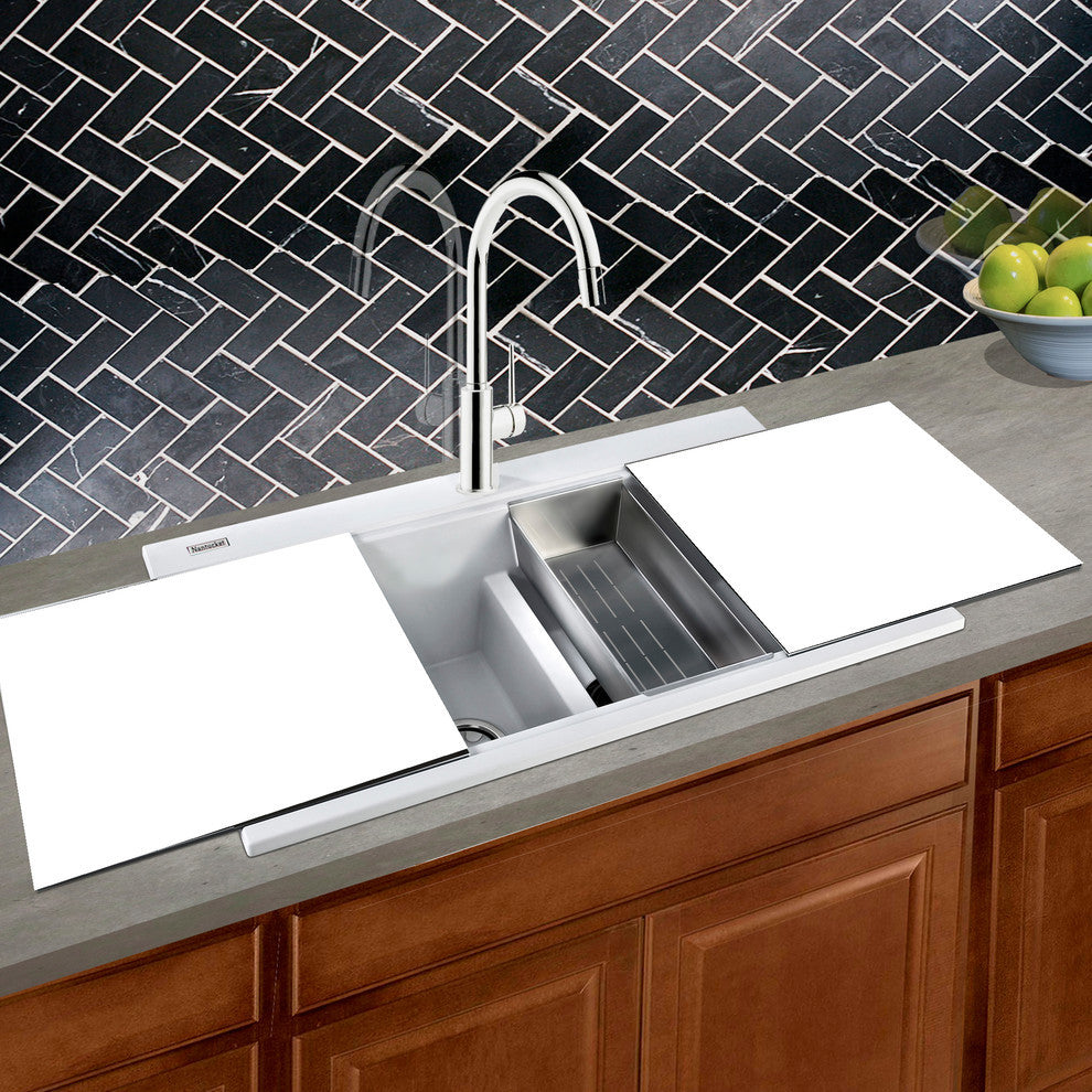 Nantucket Sinks Large Double Bowl Prep Station Topmount Granite Composite, White