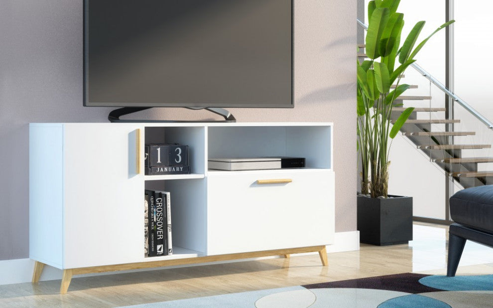 Mod White and Natural Asymmetrical TV Stand