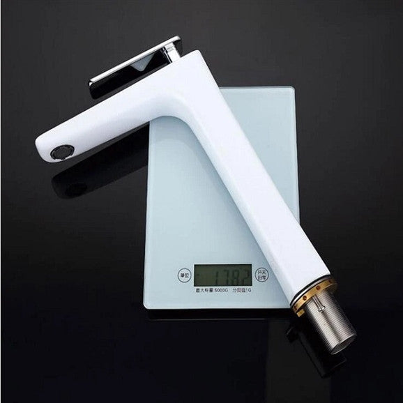 BathSelect Sleek Design White and Chrome Combination Long Deck Faucet