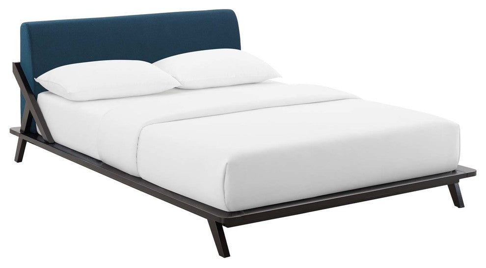 Luella Queen Upholstered Fabric Platform Bed, Walnut Blue