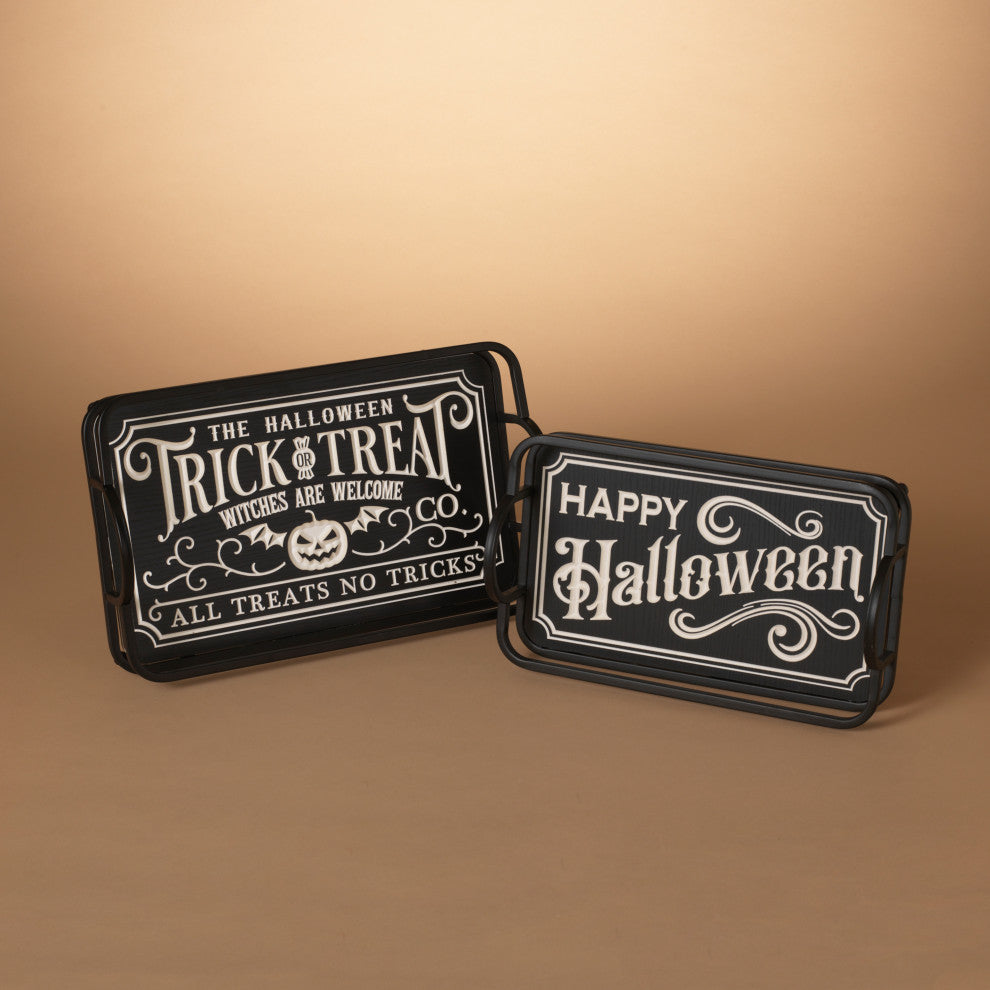Set of 2, Wood and Metal Engraved Halloween Trays