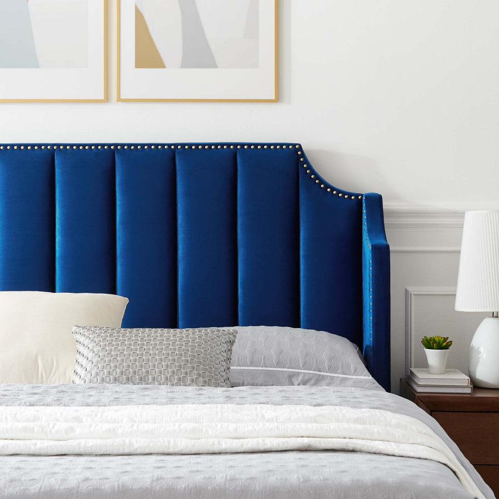 Platform Bed Frame, Queen Size, Velvet, Blue Navy, Modern Contemporary, Bedroom