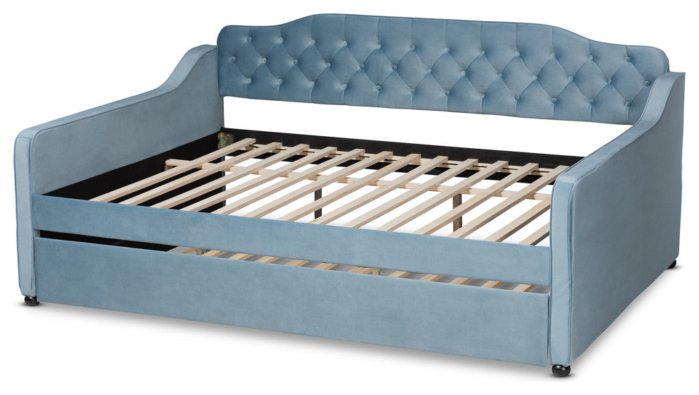 Hadgeon Light Blue Velvet Queen Daybed With Trundle