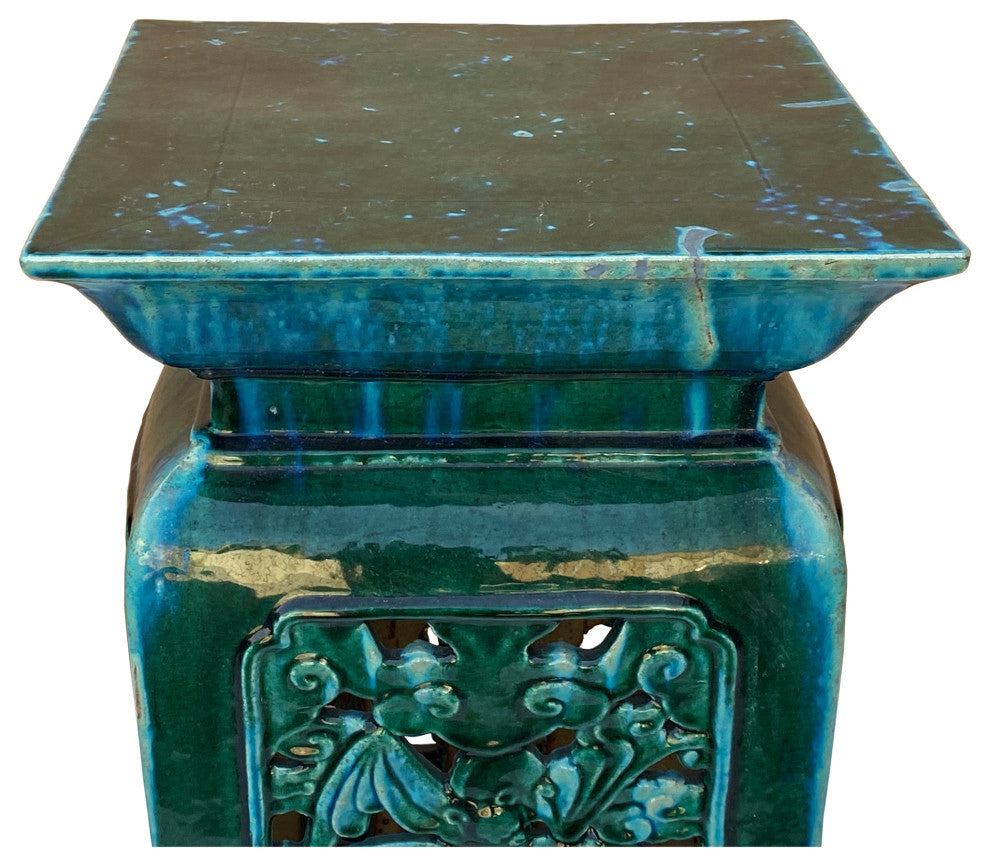 Ceramic Clay Green Square Tall Pedestal Table Bats Dragons Stand Hcs6996