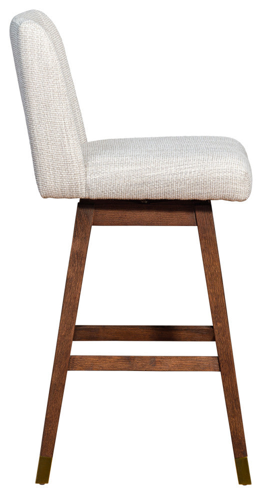 Basila Swivel Bar Stool in Brown Oak Wood Finish with Beige Fabric