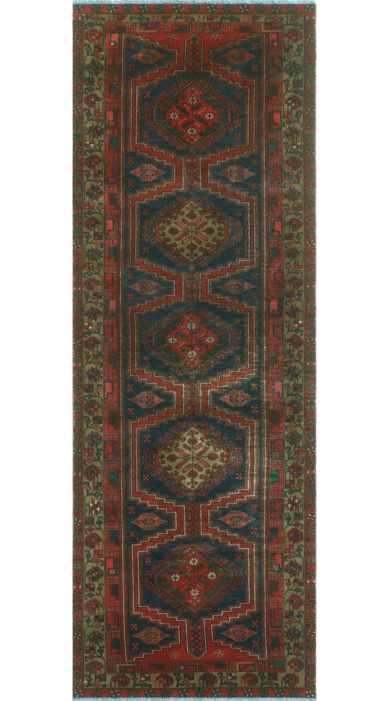 Fine Vintage Distressed Pareeya Red/Navy Runner, 3'6x10'2