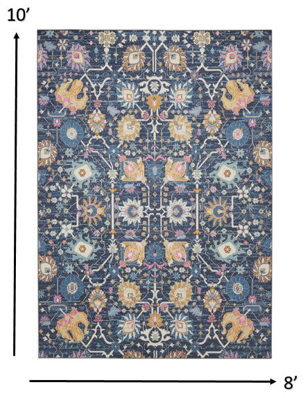 8' X 10' Navy Blue Floral Power Loom Area Rug