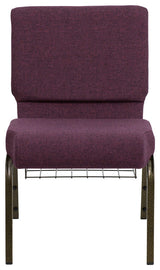 HERCULES 21'W Church Chair, Plum Fabric, Cup Book Rack, Gold Vein Frame
