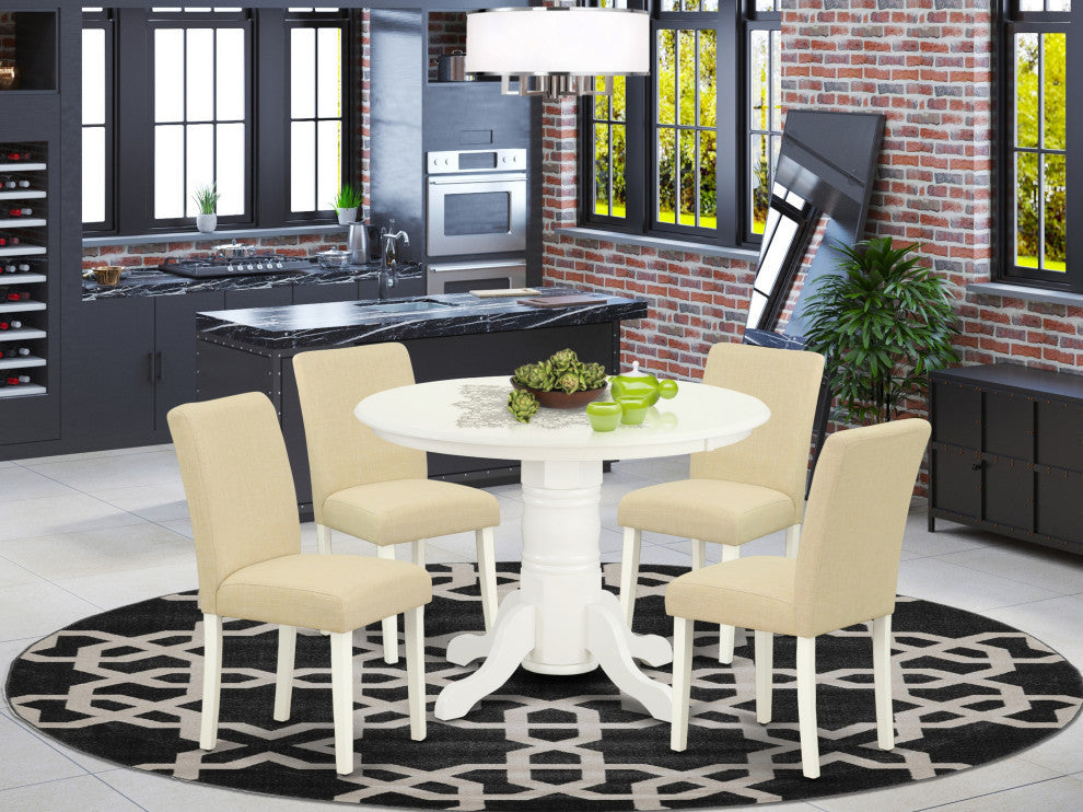 5Pc Rounded 42" Dining Table, Four Parson Chair, White Leg, Fabric Light Beige