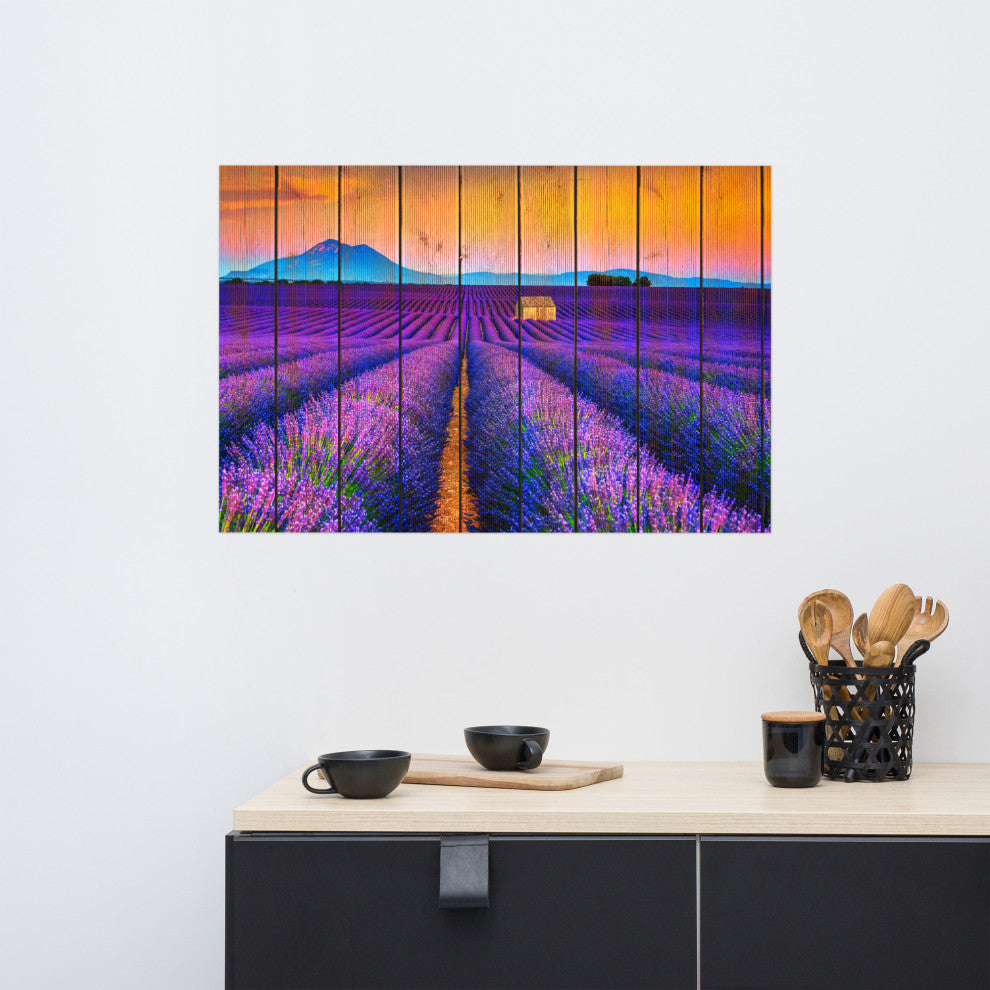 Faux Wood Lavender Fields and Sunset Landscape Unframed Wall Art Prints, 24" X 36"