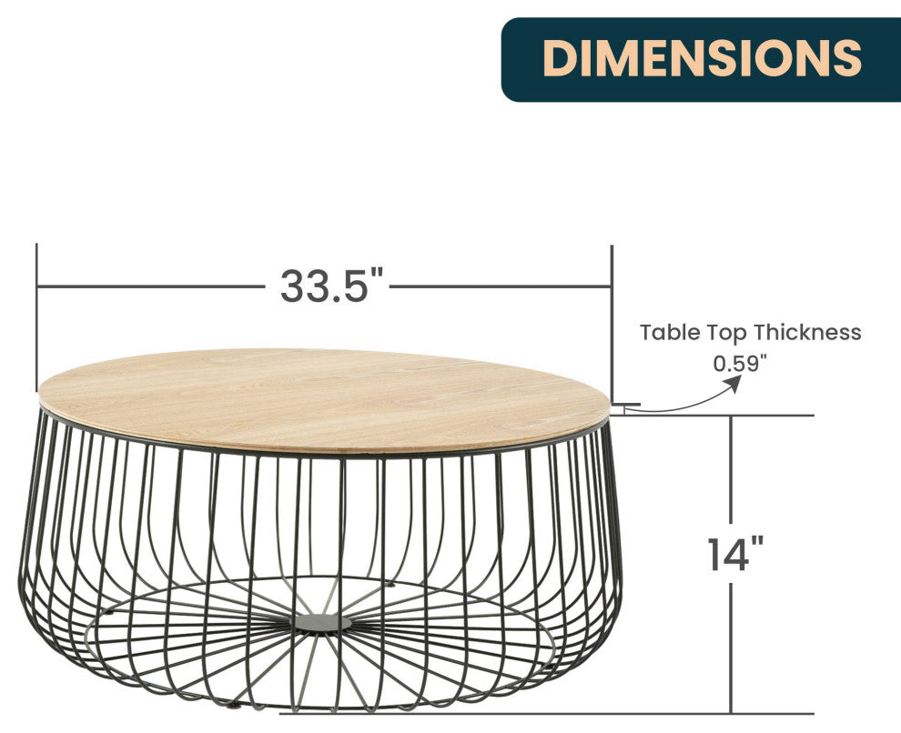 LeisureMod Runswick Round Coffee Table With Black Wire Steel Frame, Natural Wood