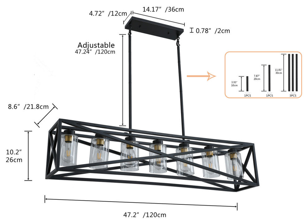 7-Light Kitchen Island Pendant Light Farmhouse Cage Chandelier, Black
