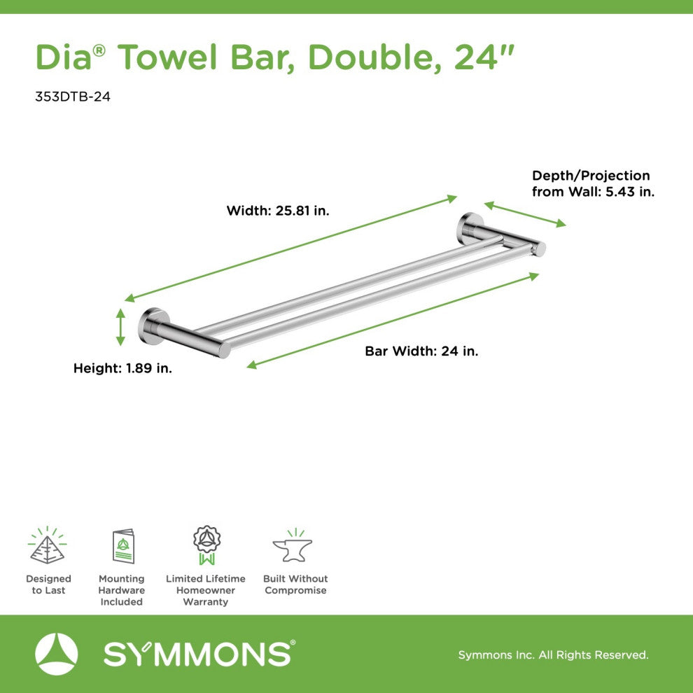 Dia 24 Inch Double Towel Bar with Mounting Hardware, Polished Chrome