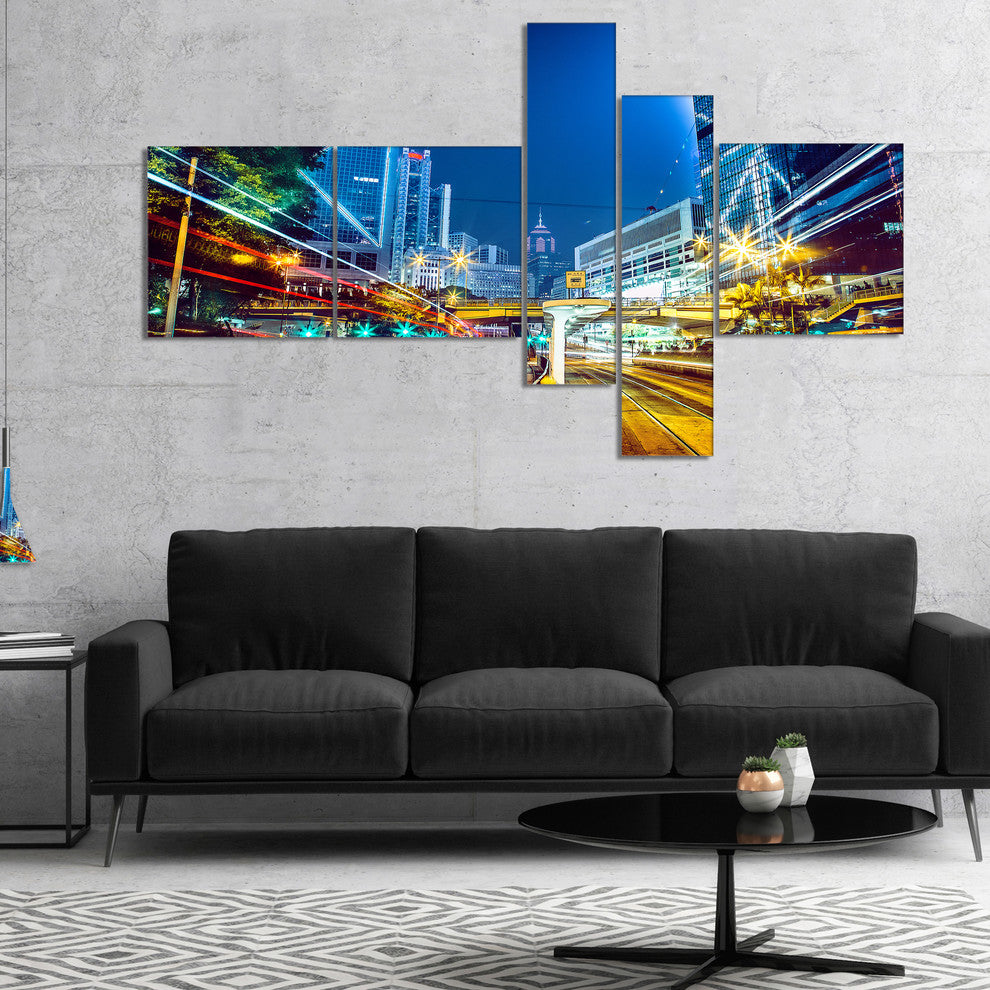 Hong Kong City Night Scene, Cityscape Art Print on Canvas, 60"x32", 5 panels