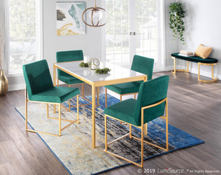 High Back Fuji Dining Chair, Set of 2, Gold Metal, Green  Velvet