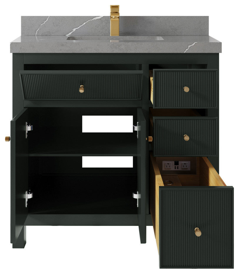 Sonoma 36 Center Sink Reeded Bath Vanity in Dark Forest Green 2" Piatra Gray