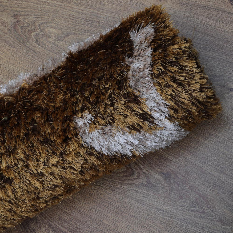 Hand Tufted Shag Polyester Area Rug Contemporary Brown Beige, [Rectangle] 8'x10'
