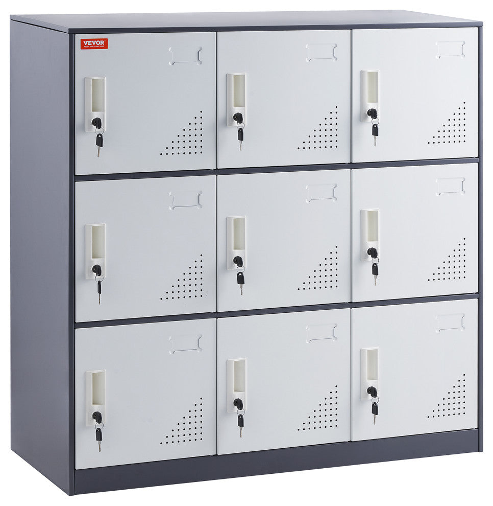 Metal Locker Cabinet 9 Compartment Steel Office School Gym Organize Storage, Gray