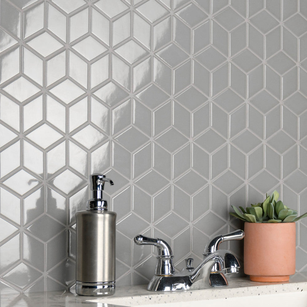 Metro Rhombus Mosaic Floor and Wall Tile, Glossy Light Gray