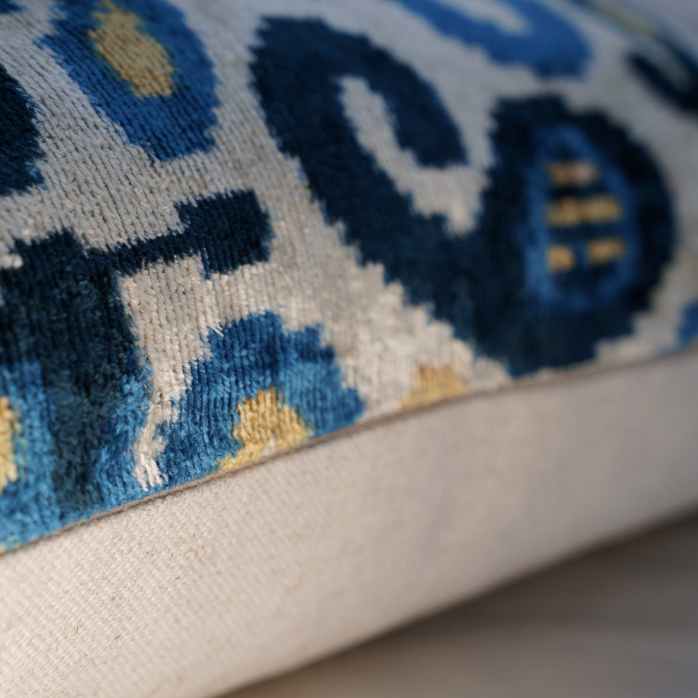 Canvello Handmade Gold Blue Velvet Throw Pillow Down Filled 16x24 in