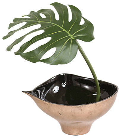 Single Philodendron Leaf with Black Rocks in Bronze-Finish Leaf Bowl