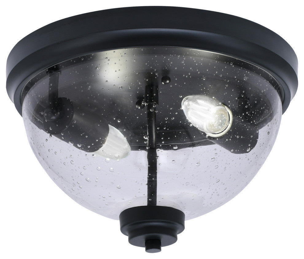 12" 2-Light Flush Mount Light, Matte Black, Clear Bubble Glass