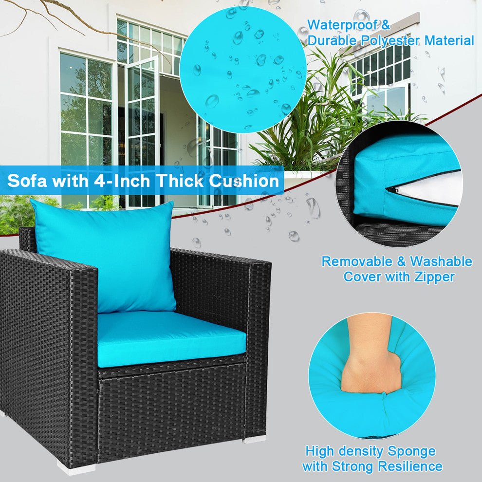 Costway 4PCS Patio Rattan Cushioned Sofa Chair Coffee Table Turquoise