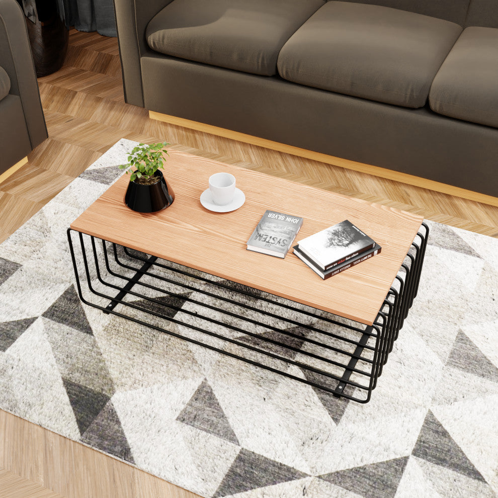 LeisureMod Walden Rectangular Coffee Table Powder Coated Steel Frame, Black
