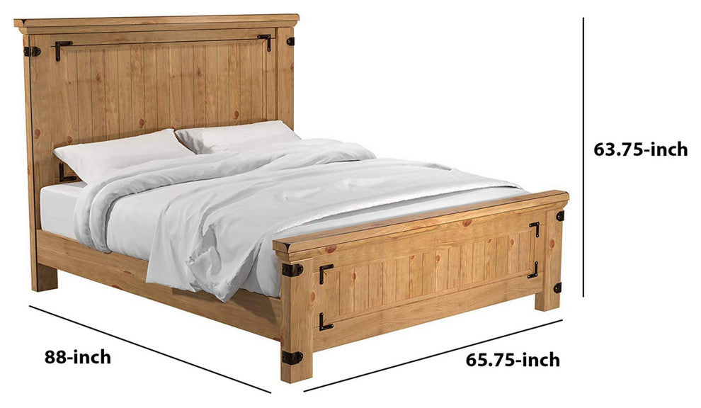 Benzara BM217449 Cottage Style Plank Queen Size Bed With Metal Accents, Brown