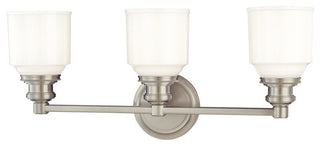 Windham 3-Light Bath and Vanity With Opal Glossy Glass Shade, Satin Nickel