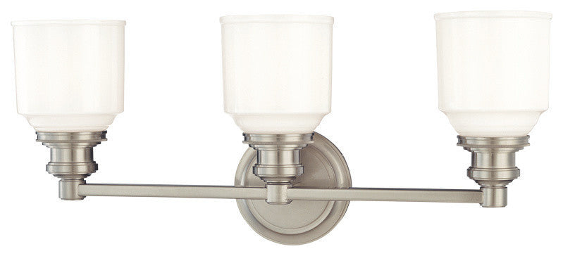 Windham 3-Light Bath and Vanity With Opal Glossy Glass Shade, Satin Nickel