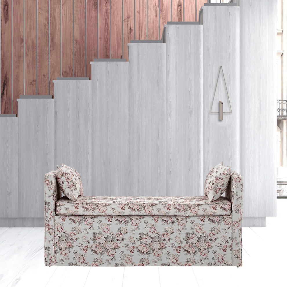 53" Red And Black Upholstered Linen Floral Bench