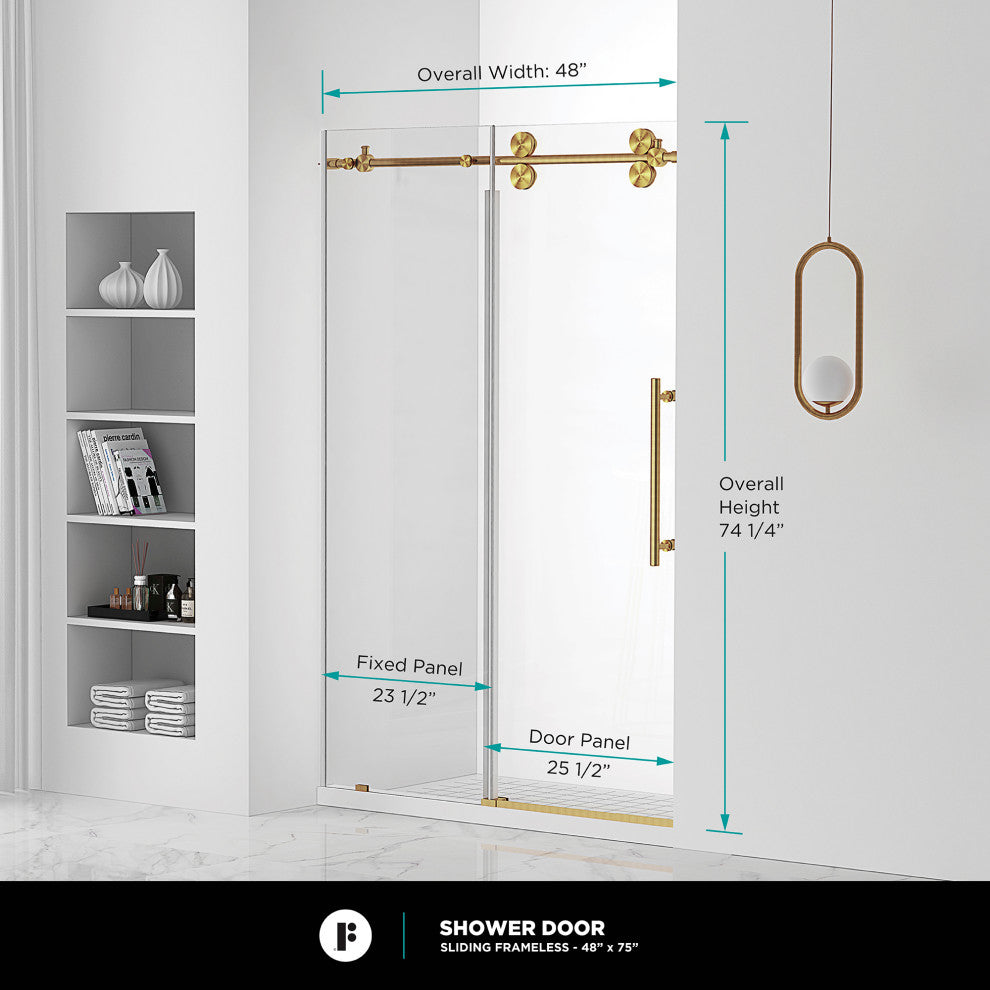 Frameless Clear Sliding Shower Door With Tempered Glass - Shower Bathroom Door, Satin Brass, 48" X 75", Single Sliding Door